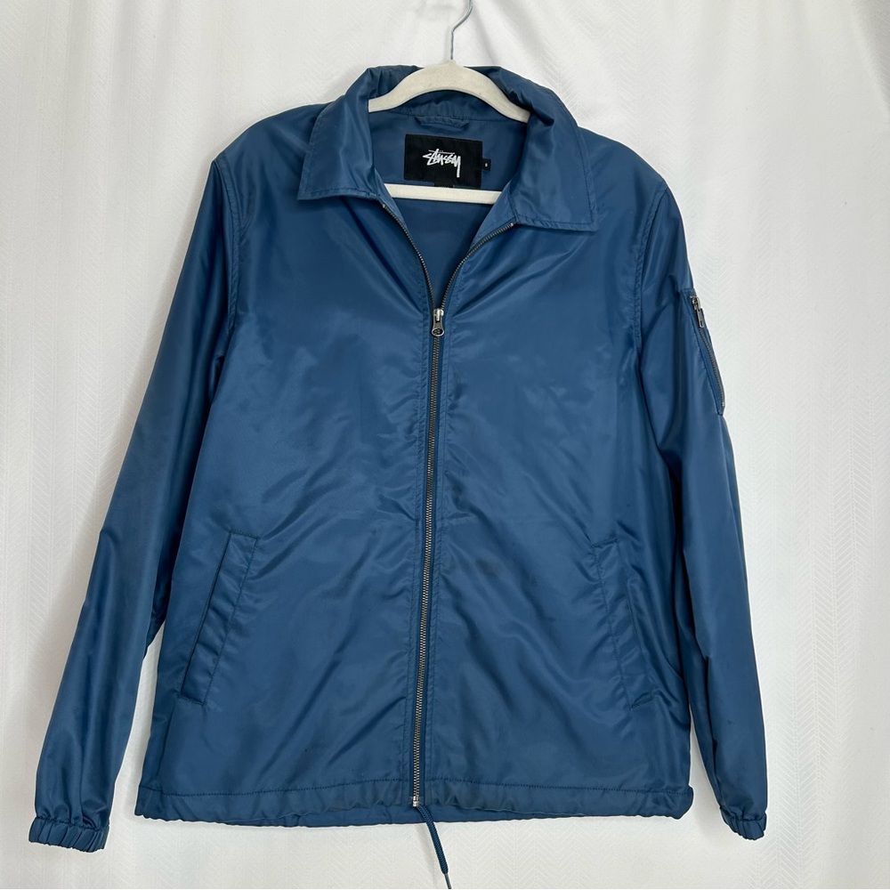 Stussy mens rain jacket blue nylon zip up